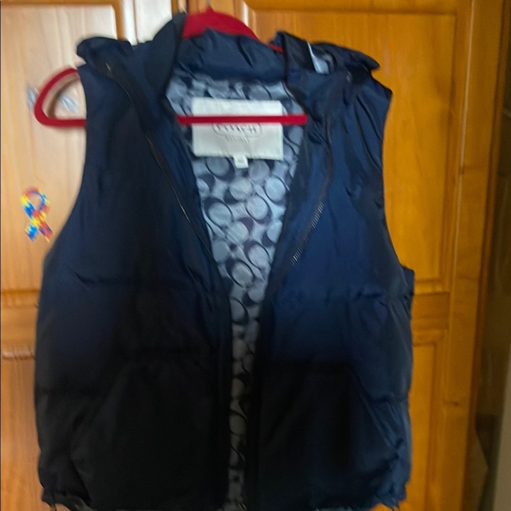 Coach Dark Blue Puffer Vest with Patterned Interior